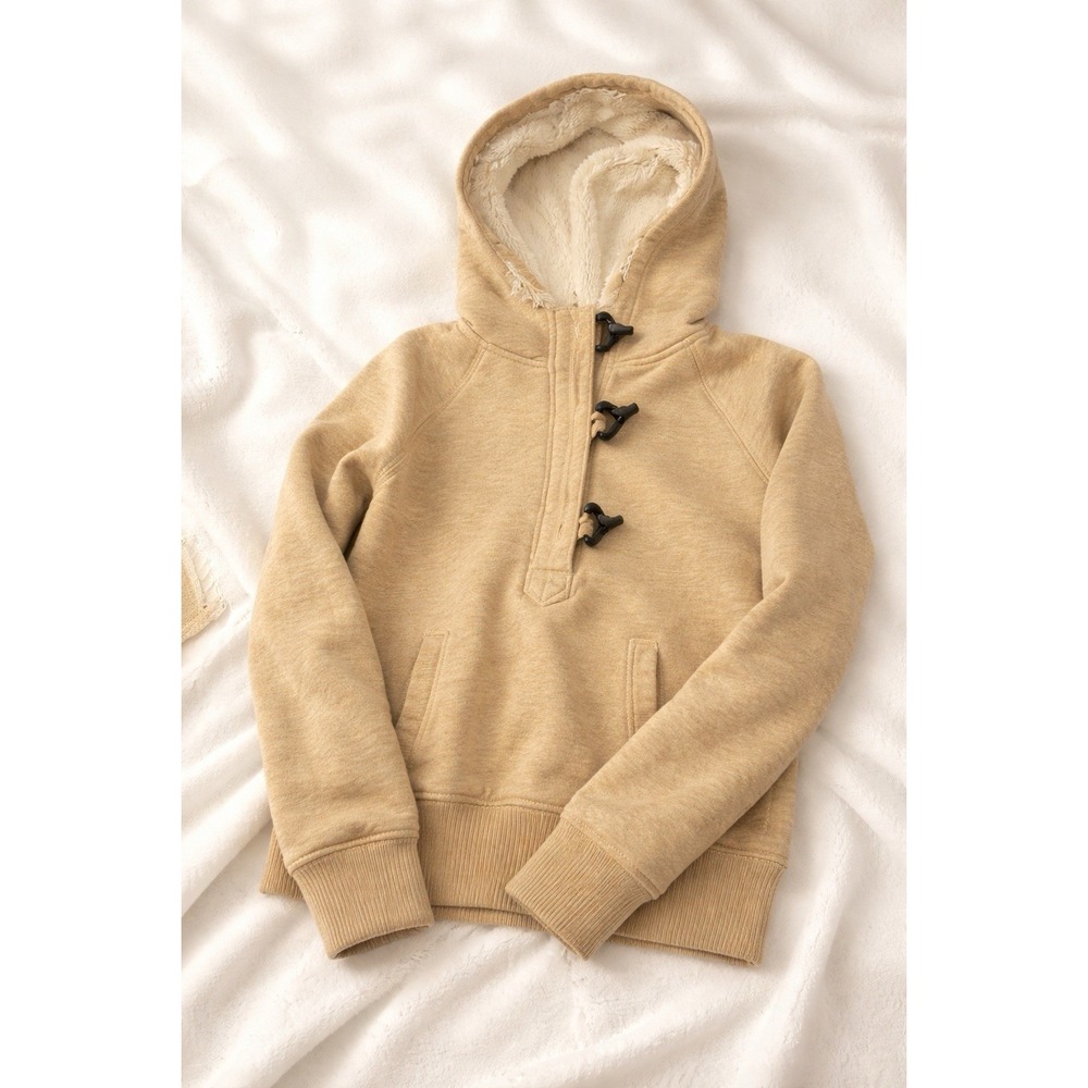 Gap Women's Medium Fleece Lined Hoodie Toggle Front Tan‎ Beige Sherpa Hood